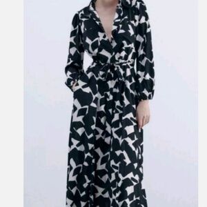 NWT Zara Emilie Dress maxi length collared button bodice tie black.white office